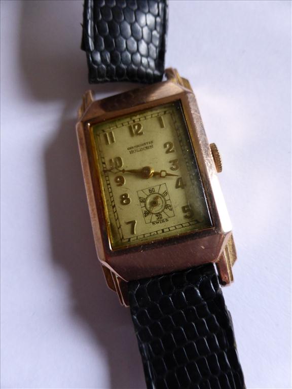 GENTS VINTAGE GOLD WATCH, RECTANGULAR FACE SIGNED HOLBORN CHRONOMETER, MOVEMENT MARKED CHRONOMETER