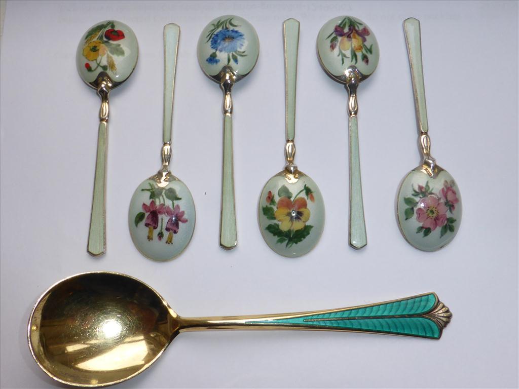 SET OF 6 SILVER TEA SPOONS WITH ENAMELLED DECORATION, EACH DEPICTING A DIFFERENT FLORAL DESIGN
