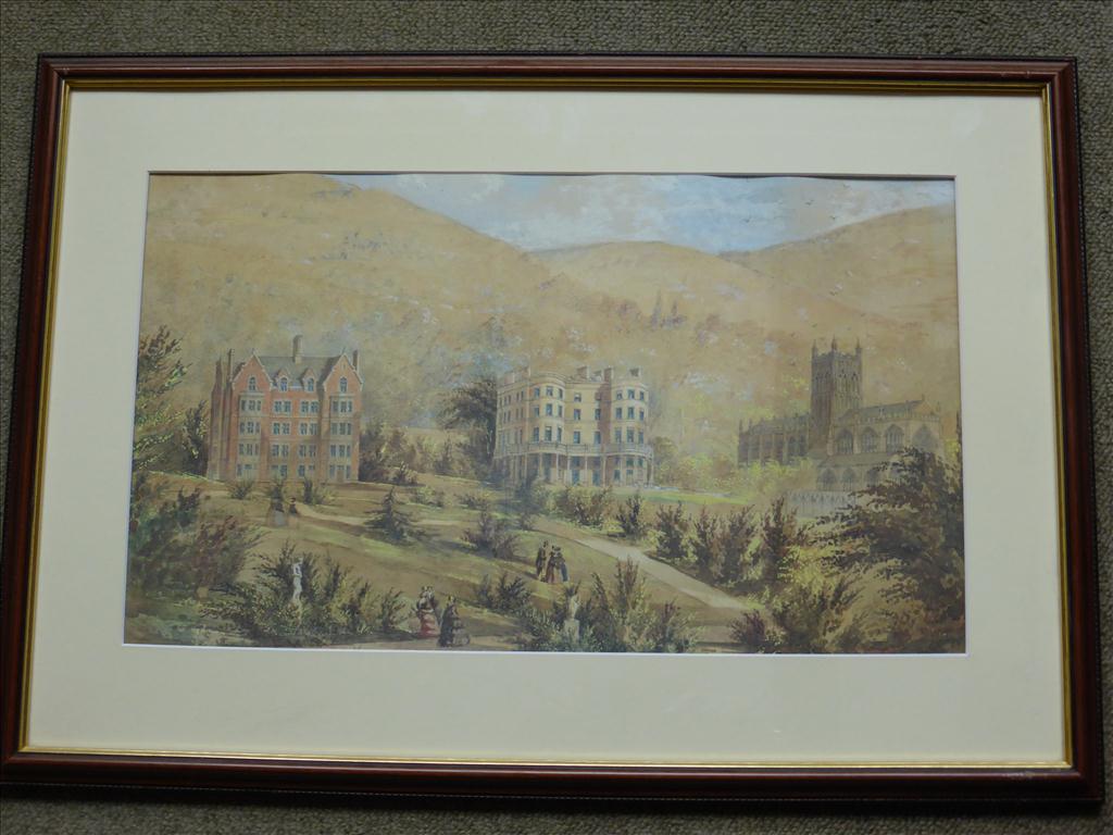 2 OILS ARTHUR DUNN, MALVERN PRIORY AND RIVER SEVERN, MALVERN WATERCOLOUR AND A MAP `PLAN OF WEST