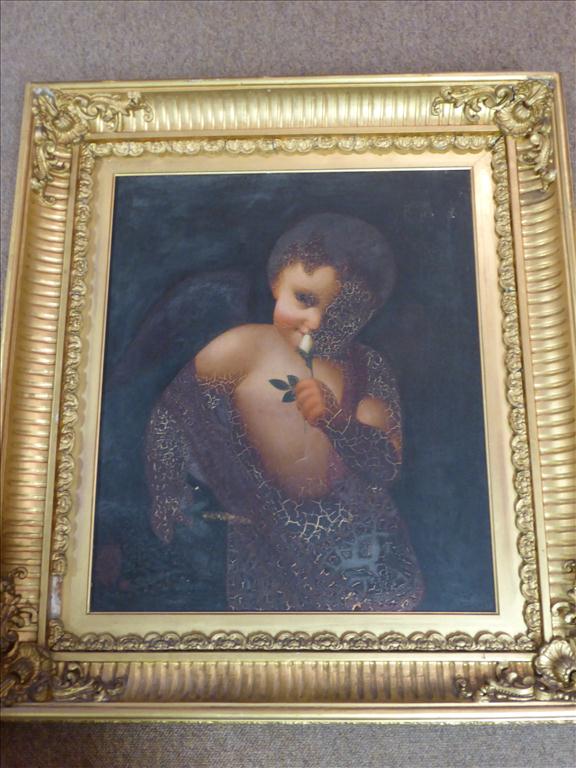 OIL ON CANVAS DEPICTING ANGELIC CHILD WITH A ROSE, APPROX. 20 X 24 INS. IN ORNATE FRAMEPostage