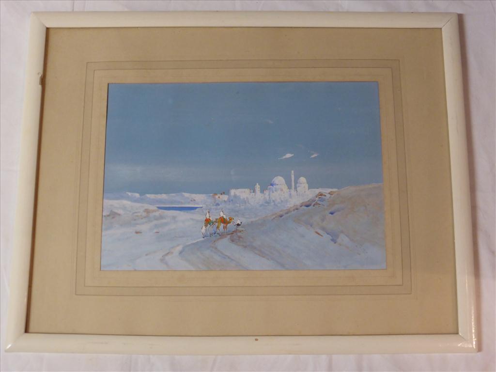 WATERCOLOUR LABELLED VERSO GODWIN BENNETT, DESERT SCENE WITH CAMELS APPROX. 15 X 10 INS. MOUNTED AND