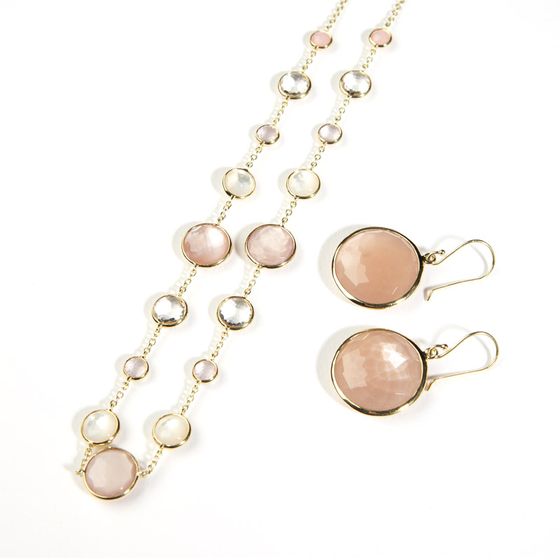 98 A pair of earrings and necklace set, IppolitaSigned Ippolita, the peach moonstone, mother-of-