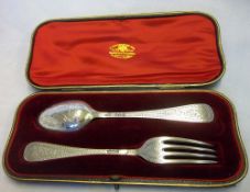 Cased silver spoon & fork wt approx 1.7 oz - Lon 1904-5