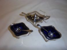 Pr silver salts with blue glass liners & matching silver mustard pot & spoons Birmingham 1909 approx