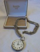 Silver pocket watch & chain wt approx 4 oz
