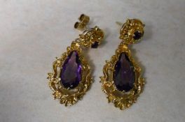 Pr 9ct gold & amethyst drop earrings