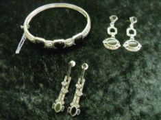 Stamped 925 silver & marcasite bangle & 2 prs of earrings