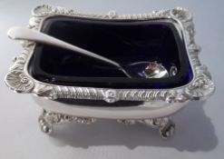 Silver salt with glass liner & S P spoon - wt (without liner & spoon) approx 3 oz, Lon 1938