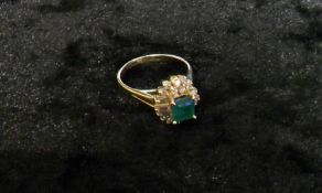 14ct gold emerald & diamond cluster ring with round and baguette cut diamonds - size approx L