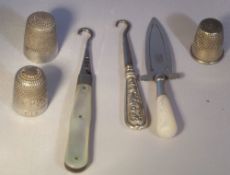 Silver with mother of pearl handle button hook, sm silver button hook, silver book mark & 3