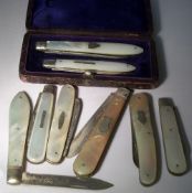 Sel of fruit knives with silver blades & mother of pearl handles