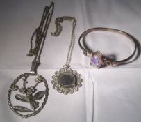 2 silver necklaces & a bangle