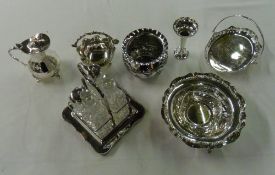 Glass & S P condiment set in cruet stand, lidded jug and several other pieces of S P