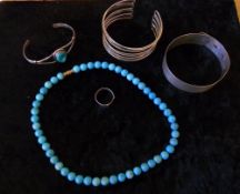 Box containing 3 silver bracelets, silver ring & turquoise necklace