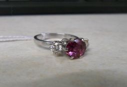 Ruby and 2 diamond 18ct white gold ring - size approx M