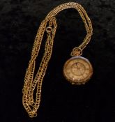 15ct gold ladies pocket/fob watch with chased foliage design & plated chain