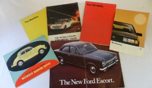 Old car brochures inc VW Beetle, VW Scirocco, VW 1600s, Ford Escort, Morris Minor 1000, Triumph