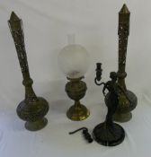 Brass paraffin lamp, 2 Indian brass burners, money box & bronze 2 arm Art Nouveau style candlesticks