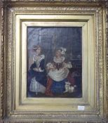 Gilt framed oil painting of 2 ladies with a poodle & cat