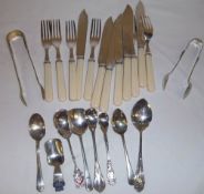S P cutlery, sugar bows & sm tea spoons