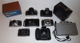 Old cameras & accessories inc Polaroid 320, Fuji S3 Pro, Olympus OM10 etc