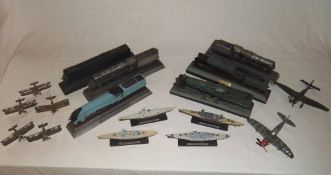 6 metal Kingmaker trains, 4 plastic collectable ships & 7 metal model aircraft figures (some Corgi)