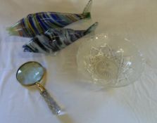 2 glass fish, glass handled magnifying glass & bowl