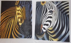 2 Oil on canvas orignals of zebras entitled "Gold" and "Silver" approx 20 x 24 inches mounted on
