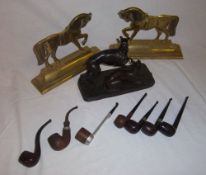 2 brass horses, sitting greyhounds figure & various smoking pipes