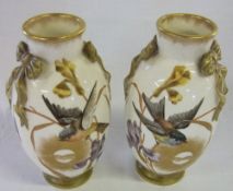 Pr of early 20th c vases with hand painted bird decoration & gilding