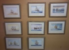 Set of 8 hand coloured prints of ships at sea signed by the artist David C Bell