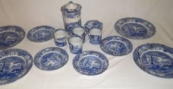 Spode blue Italian hexagonal covered box, large covered canister, 4 10" plates, 4 8" plates & 4