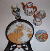 Oriental teapot, milk jug, cup & saucers, sm oriental vase, dishes & a damaged cork carving