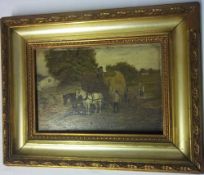 Oil on board of a wagon & horses in gilt frame