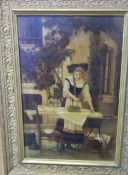 Gilt framed oil on canvas of a Dutch lady ironing