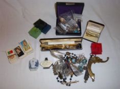 Lg box of costume jewellery inc watches, necklaces, earrings & 2 erotic miniture bottles