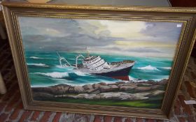 Oil on canvas of the Grimsby Trawler Conqueror on the rocks, Mousehold Cornwall Dec 1977 by Roy