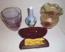 Royal Copenhagen vase, small glass bowl with unicorn, luster glass vase & old spectacles