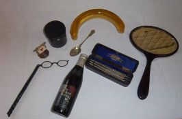 Ebony lidded pot, Sprock razor box inc cutthroat razors, bottle of John Smiths Royal Wedding ale