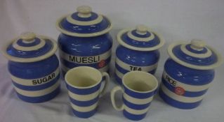 T G Green Cornishware inc lg muesli storage jar, sugar jar, rice jar, tea canister & 2 cone mugs