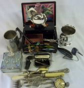 2 tankards, watch, duck, oriental jewellery & Mackintosh style jewellery boxes, S P candle