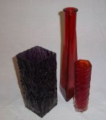 2 Whitefriars style glass vases & one other glass vase