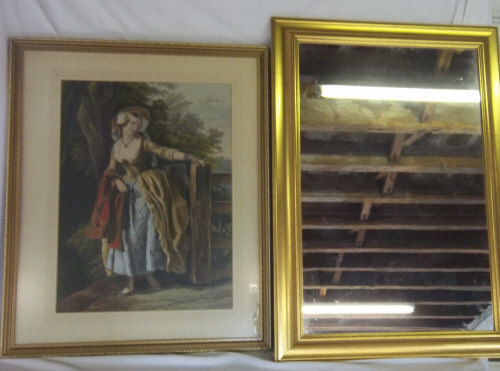 Lg framed print of a lady in 18th C costume size approx 58 x 44 cm & a lg gilt framed mirror size