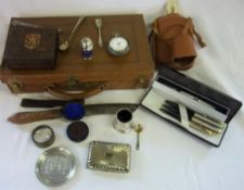 Sel of S.P. spoons, etc, parker pens, leather case & knife.