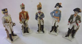 5 continental porcelain figures of army officers incl 'Officier des chasseur', 'Officier des