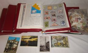 Stamp encyclopaedias, bag of stamps, postcards & magazine pictures