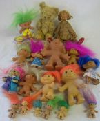 Sel of trolls, old teddy bear & old wooden dollshouse doll