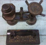 Set of cast iron scales with weights & Orme & Sons snooker table iron