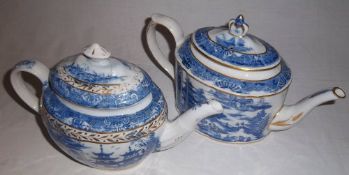 2 early 19th C blue and white transfer printed teapots