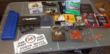 Old car memorabilia inc badges, lamps, manuals, RAC handbook 1958 etc